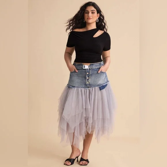 Nwt Micas Denim Mesh Patchwork High Waist denim and tulle Skirt - Picture 5 of 17